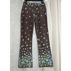 90s Y2K Vintage Blue Asphalt Flare Jeans Floral Blue Yellow Brown Womens Size 26